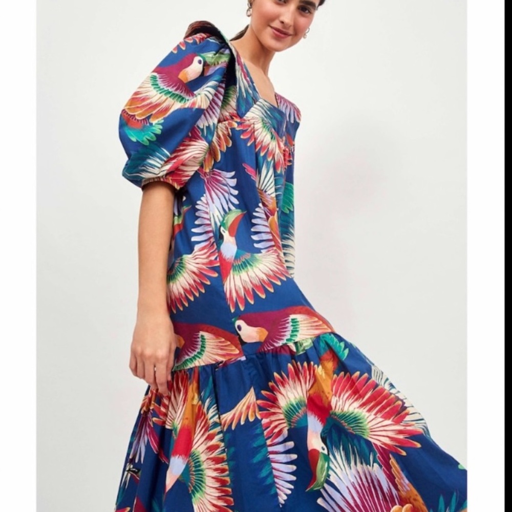 FARM Rio Blue toucan puff sleeve Ruffled Tiered Sundress